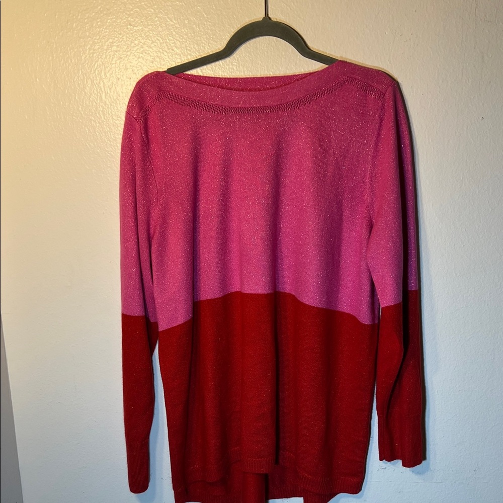 Hot Pink Red Color Block Metallic Light Weight Boat Neck Knit Sweater XXL
